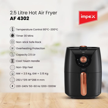 Impex 2.5 Litre Air Fryer - Temperature Control 80 Degree C-200 Degree C, Timer 30 Mins with 2 Year Warranty-Black (AF 4302)