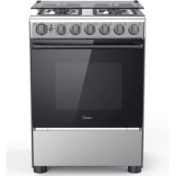 Midea 60X60Cm Freestanding Cooker, Full Gas Cooking Range With 4 Burners, Automatic Ignition And Safety, Cast Iron Pan Support, Stainless Steel Finish, Separate Knob For Oven Grill, Bme62058Ffd-D