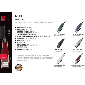 Moser 1400-0150, Professional Corded Hair Clipper, Burgandy Pack Of 1