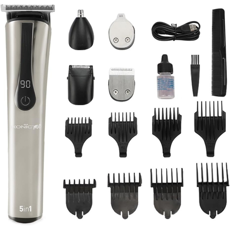 Ikonic 5 In 1 Express Groomer Trimmer - Precision Hair Styling And Grooming Tool In Sleek Black and Silver Design, Beard Shaping, Nose And Ear Hair Trimming, Powerful Motor, Digital Display, Usb
