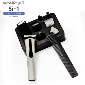 Ikonic 5 In 1 Express Groomer Trimmer - Precision Hair Styling And Grooming Tool In Sleek Black and Silver Design, Beard Shaping, Nose And Ear Hair Trimming, Powerful Motor, Digital Display, Usb