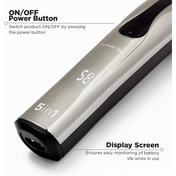 Ikonic 5 In 1 Express Groomer Trimmer - Precision Hair Styling And Grooming Tool In Sleek Black and Silver Design, Beard Shaping, Nose And Ear Hair Trimming, Powerful Motor, Digital Display, Usb