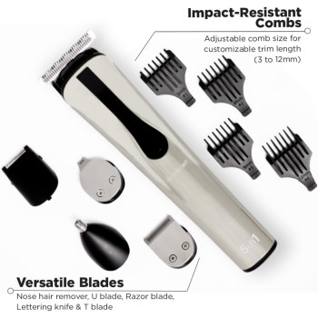 Ikonic 5 In 1 Express Groomer Trimmer - Precision Hair Styling And Grooming Tool In Sleek Black and Silver Design, Beard Shaping, Nose And Ear Hair Trimming, Powerful Motor, Digital Display, Usb