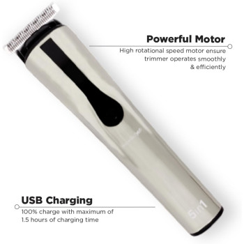 Ikonic 5 In 1 Express Groomer Trimmer - Precision Hair Styling And Grooming Tool In Sleek Black and Silver Design, Beard Shaping, Nose And Ear Hair Trimming, Powerful Motor, Digital Display, Usb