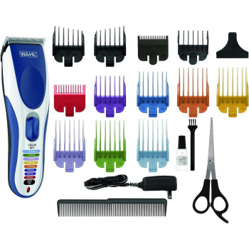 Wahl Colour Pro Cordless Hair Clipper Kit, Rechargeable Hair Clipper, Detail Trimmer, Mini Foil Shaver, 12 Colour Coded Comb Attachments, 60 Minutes Run Time, Blue/White Trimmer (09649-1627)
