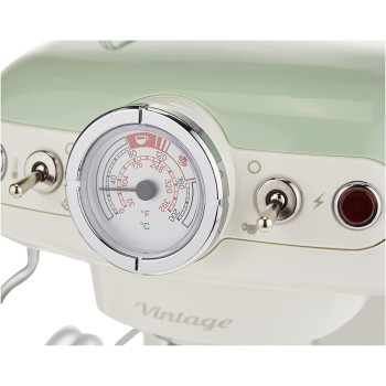 Ariete Vintage Espresso Coffee Machine With Manometer And Milk Frother, Auto Shut-Off, Cappuccino Maker, Ground Coffee And Ese Pod Compatible, 850W, 15 Bar, For Home And Office - Green Art1389/14