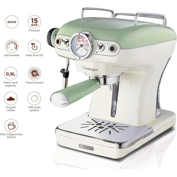 Ariete Vintage Espresso Coffee Machine With Manometer And Milk Frother, Auto Shut-Off, Cappuccino Maker, Ground Coffee And Ese Pod Compatible, 850W, 15 Bar, For Home And Office - Green Art1389/14