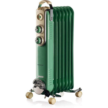 Ariete Vintage Oil Radiator With 7 Heating Elements, Adjustable Temp At 3 Power Levels 600W, 900W, 1500W, Swivel Wheels, Fast Room Heater Ideal For Bedroom, Home And Office - Green Art837/04
