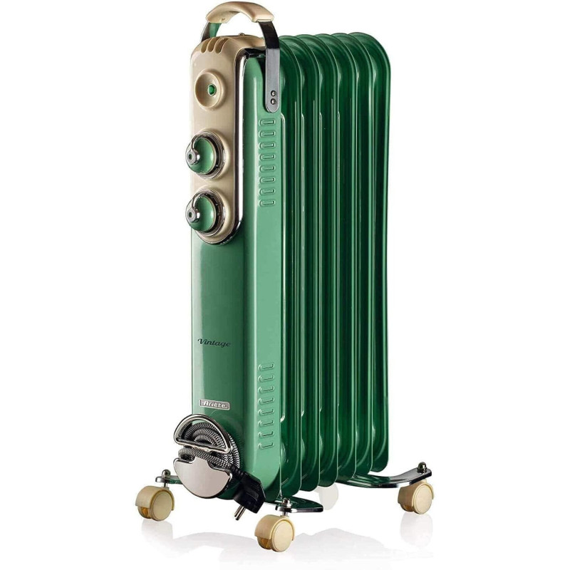 Ariete Vintage Oil Radiator With 7 Heating Elements, Adjustable Temp At 3 Power Levels 600W, 900W, 1500W, Swivel Wheels, Fast Room Heater Ideal For Bedroom, Home And Office - Green Art837/04