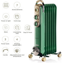 Ariete Vintage Oil Radiator With 7 Heating Elements, Adjustable Temp At 3 Power Levels 600W, 900W, 1500W, Swivel Wheels, Fast Room Heater Ideal For Bedroom, Home And Office - Green Art837/04
