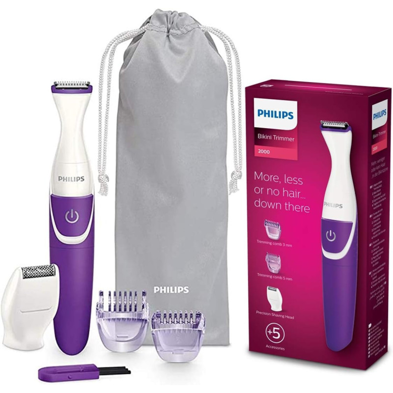 Philips Essential Bikini Trimmer, Mini Shaving Head Included With Portable Battery, Brt38315, White and Purple