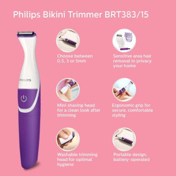 Philips Essential Bikini Trimmer, Mini Shaving Head Included With Portable Battery, Brt38315, White and Purple