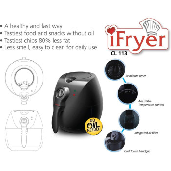 Crownline Cl-113 Air Fyrer (Oil Free Fryer) 220-240V Ac 50/60Hz, 1500W Class I, Black Colour