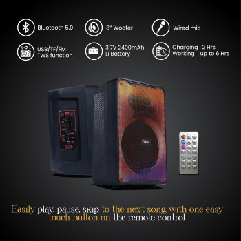 Clikon Portable Rechargeable Bluetooth Speaker With Mic, 8 Inch Woofer, Led Display, Dynamic Light Show, 2400Mah Battery, Black Colour, CK857