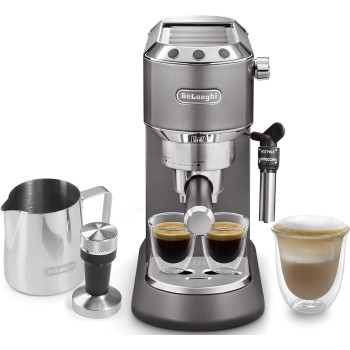 De'Longhi Dedica Metallics Coffee Machine Barista Pump Manual Espresso Maker With Milk Frother And Kit For Americano, Cappuccino, Latte, Macchiato Ec785.Gy, Silver/Black Colour