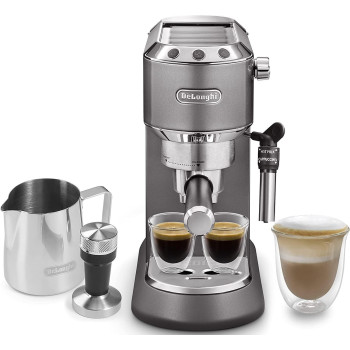 De'Longhi Dedica Metallics Coffee Machine Barista Pump Manual Espresso Maker With Milk Frother And Kit For Americano, Cappuccino, Latte, Macchiato Ec785.Gy Grey