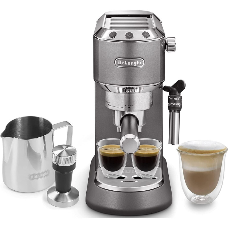 De'Longhi Dedica Metallics Coffee Machine Barista Pump Manual Espresso Maker With Milk Frother And Kit For Americano, Cappuccino, Latte, Macchiato Ec785.Gy Grey