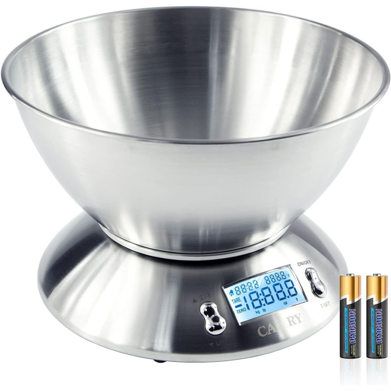 Camry High Accuracy Digital Kitchen Food Scale Mixing Bowl 2.15L Liquid Volume Room Temperature And Timer Backlight Lcd Display, Stainless Steel