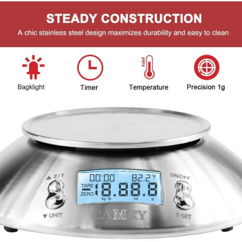 Camry High Accuracy Digital Kitchen Food Scale Mixing Bowl 2.15L Liquid Volume Room Temperature And Timer Backlight Lcd Display, Stainless Steel