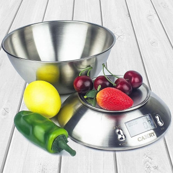 Camry High Accuracy Digital Kitchen Food Scale Mixing Bowl 2.15L Liquid Volume Room Temperature And Timer Backlight Lcd Display, Stainless Steel