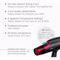 Panasonic Nanoe Hair Dryer, 1875 Watt Professional Blow Dryer For Smooth, Shiny Hair With 3 Attachments Quick Dry Nozzle, Diffuser And Concentrator Nozzle – Eh-Na65-K Black/Pink
