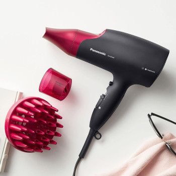 Panasonic Nanoe Hair Dryer, 1875 Watt Professional Blow Dryer For Smooth, Shiny Hair With 3 Attachments Quick Dry Nozzle, Diffuser And Concentrator Nozzle – Eh-Na65-K Black/Pink