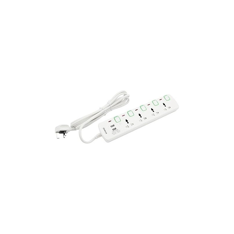 Khind Extension Socket With 3 Outlets And 4 Usb Ports, Universal Plug Adapter For Home And Office With 5M Cord, Wall Mountable, White