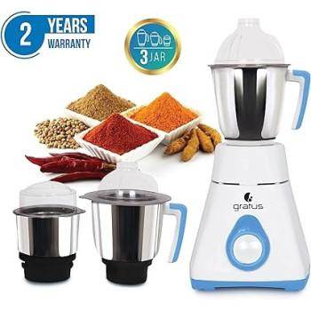 Gratus 800Watts Mixer Grinder With 3 Strong Steel Jars, Powerful Copper Motor, Overload Protection, 8003Ti (800 Watts - 3 Jar)