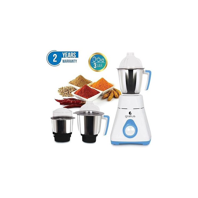 Gratus 800Watts Mixer Grinder With 3 Strong Steel Jars, Powerful Copper Motor, Overload Protection, 8003Ti (800 Watts - 3 Jar)