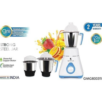Gratus 800Watts Mixer Grinder With 3 Strong Steel Jars, Powerful Copper Motor, Overload Protection, 8003Ti (800 Watts - 3 Jar)