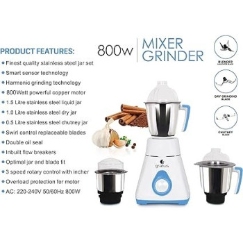 Gratus 800Watts Mixer Grinder With 3 Strong Steel Jars, Powerful Copper Motor, Overload Protection, 8003Ti (800 Watts - 3 Jar)