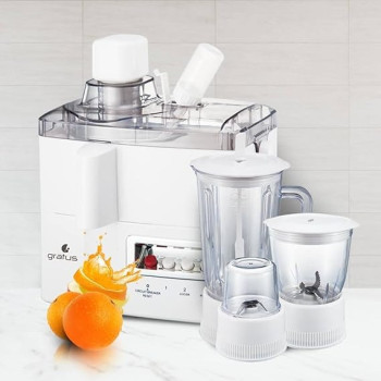Gratus 400 Watts Food Processor Blender/Juicer, 3-Speed Control With Safety Arm, Stainless Steel Housing, Removable Residue, Model- GFP4001FEC