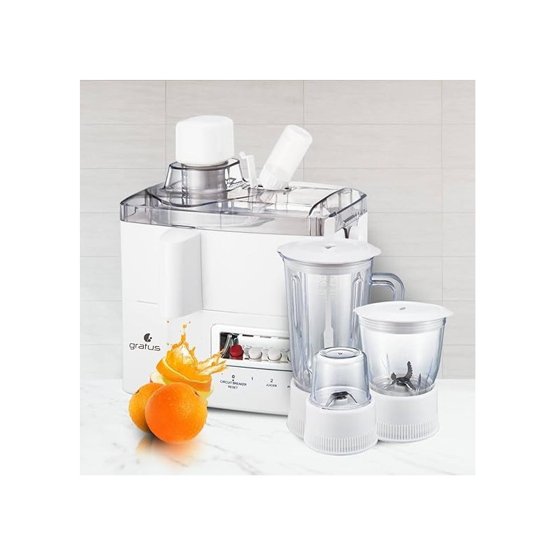 Gratus 400 Watts Food Processor Blender/Juicer, 3-Speed Control With Safety Arm, Stainless Steel Housing, Removable Residue, Model- GFP4001FEC