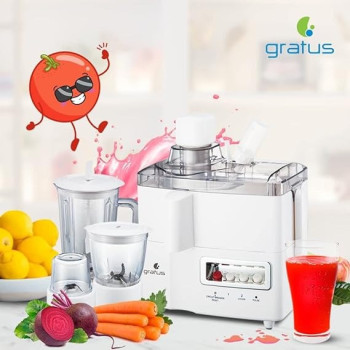 Gratus 400 Watts Food Processor Blender/Juicer, 3-Speed Control With Safety Arm, Stainless Steel Housing, Removable Residue, Model- GFP4001FEC