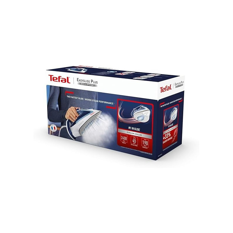 Tefal Easygliss Durilium Airglide Soleplate Steam Iron, 2400 Watts, Blue/White, Fv5715M0