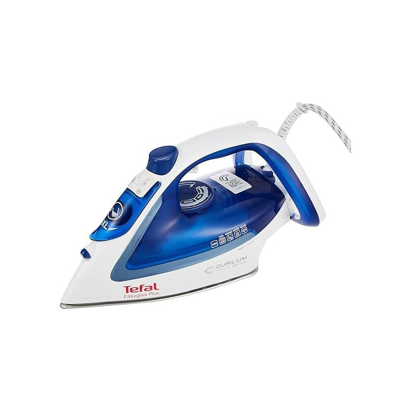 Tefal Easygliss Durilium Airglide Soleplate Steam Iron, 2400 Watts, Blue/White,Fv5715M0 