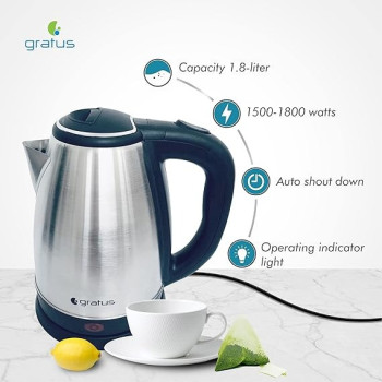 Gratus Stainless Steel Electric Kettle 1.8Liter 1500-1800Watt, Durable S/S Body And Inner Lid, Auto Shut Off, No Dry Run, Cordless Base, Silver