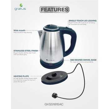 Gratus Stainless Steel Electric Kettle 1.8Liter 1500-1800Watt, Durable S/S Body And Inner Lid, Auto Shut Off, No Dry Run, Cordless Base, Silver