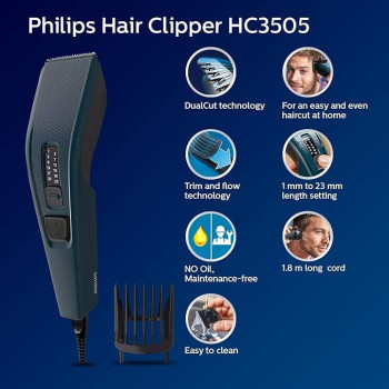 Philips Hair Clipper (Corded) With 13 Length Settings, 41 Mm Wide Cutter, Stainless Steel Blades And Trim-N-Flow Technology, Blue Colour