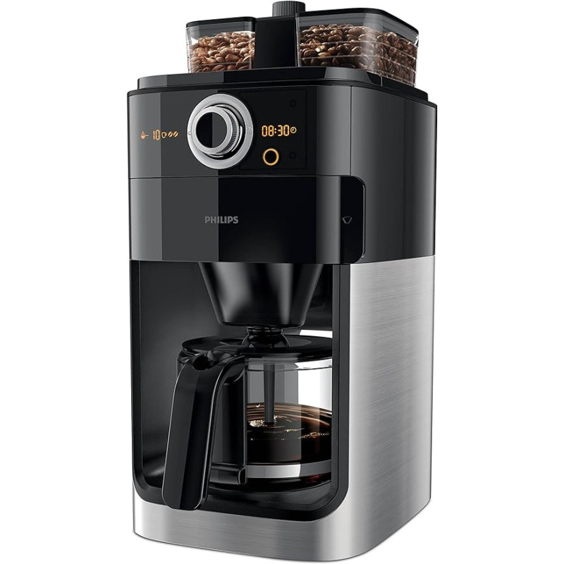 Philips Grind And Brew Coffee Maker With Glass Jug, Grind And Brew System, Black/Silver, UAE Version, HD7762/00