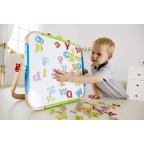 Hape Early Explorer Anywhere Table Top Art Studio, Award Winning Double-Sided Wooden Kids Easel Whiteboard/Chalkboard With 2 Chalk Pieces, Eraser And Magnetic Wood Clamp For Paper