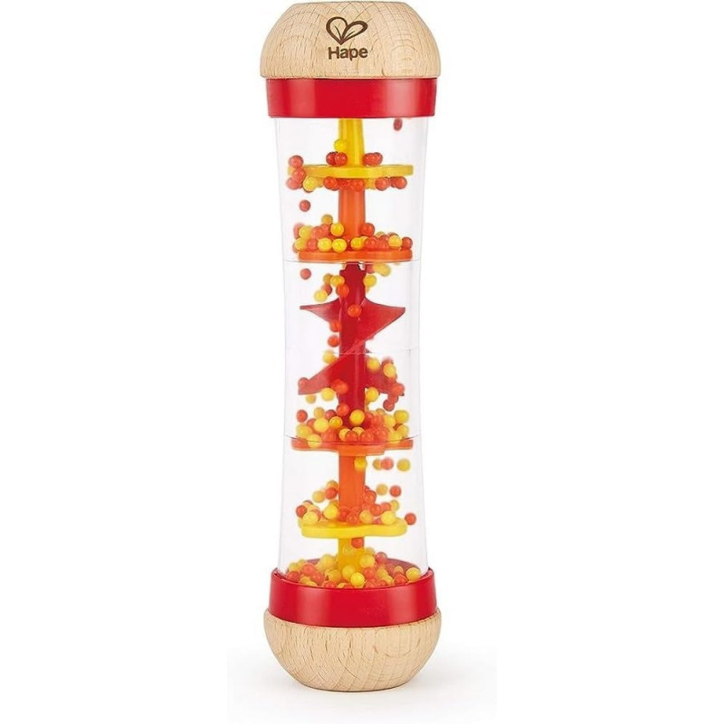 Hape Beaded Raindrops, Mini Wooden Musical Shake And Rattle Rainmaker Toy- Red Colour E0327