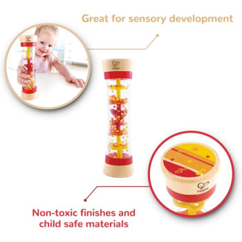 Hape Beaded Raindrops, Mini Wooden Musical Shake And Rattle Rainmaker Toy- Red Colour E0327
