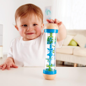 Hape Beaded Raindrops, Mini Wooden Musical Shake & Rattle Rainmaker Toy-Blue E0328