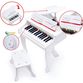 Hape Deluxe Grand Piano White, Thirty Key Piano Toy With Stool, Electronic Keyboard Musical Toy Set