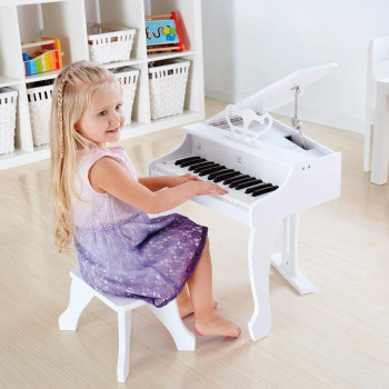 Hape Deluxe Grand Piano White, Thirty Key Piano Toy With Stool, Electronic Keyboard Musical Toy Set