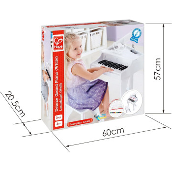 Hape Deluxe Grand Piano White, Thirty Key Piano Toy With Stool, Electronic Keyboard Musical Toy Set