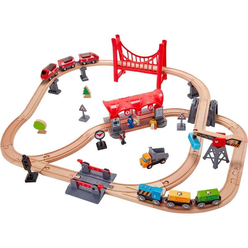 Hape Busy City Rail Set, 51 Pcs Pretend Play Railway Set For Kids