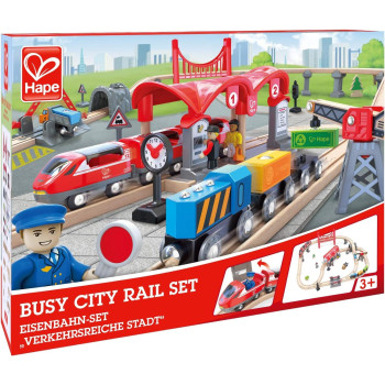 Hape Busy City Rail Set, 51 Pcs Pretend Play Railway Set For Kids