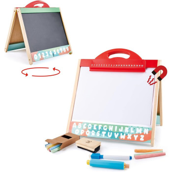 Hape Store And Go Easel, Folding Double-Sided Tabletop Blackboard And Whiteboard With Chalks, Markers And Other Art Accessories